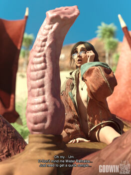 1boy 1girl 3d alma_(monster_hunter_wilds) animal_penis artist_name bestiality blue_sky blurry blurry_background breasts brown_eyes brown_hair brown_jacket commentary english_commentary english_text erection gigantic_penis glasses godwin3d hetero highres jacket jewelry long_hair monster monster_hunter_(series) monster_hunter_wilds navel necklace open_mouth paid_reward_available penis penis_awe penis_focus qr_code rathalos round_eyewear sitting sky small_breasts uncensored