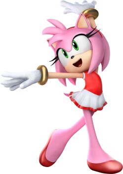 1girl 3d absurdres amy_rose amy_rose_(gymnastics) animal_ears animal_nose arms_up body_fur female_focus flat_chest full_body furry furry_female gloves green_eyes hairband happy head_tilt heel_up highres leotard looking_up mario_&amp;_sonic_(series) mario_&amp;_sonic_at_the_tokyo_2020_olympic_games miniskirt official_art open_mouth outstretched_arms pink_fur pink_hair red_hairband red_leotard red_shoes red_trim shoes short_hair sidelocks simple_background skirt smile solo sonic_(series) standing tail teeth third-party_source tongue transparent_background white_gloves white_skirt