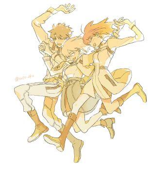 1boy 2girls arm_up arms_up black_boots black_hair black_shoes black_shorts black_skirt boots chaldea_logo closed_eyes collared_shirt commentary cropped_jacket dress fate/grand_order fate_(series) fujimaru_ritsuka_(female) fujimaru_ritsuka_(female)_(decisive_battle_chaldea_uniform) fujimaru_ritsuka_(male) fujimaru_ritsuka_(male)_(decisive_battle_chaldea_uniform) full_body glasses hair_between_eyes hair_over_one_eye happy high-waist_skirt highres holding_hands jacket jumping knee_boots long_sleeves mash_kyrielight mash_kyrielight_(chaldea_uniform) multiple_girls necktie open_clothes open_jacket open_mouth orange_hair pale_color pants parted_bangs shirt shoes short_hair shorts shorts_under_dress simple_background skirt smile tsutou_(suto_oku) twitter_username white_background white_dress white_hair white_jacket white_necktie white_pants white_shirt