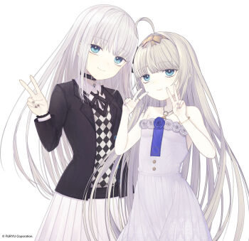 2girls ahoge armpit_crease bare_shoulders black_choker black_jacket black_nails black_ribbon blonde_hair blue_eyes blue_flower blue_rose bow bracelet breasts buttons checkered_clothes checkered_sweater choker collarbone collared_shirt commentary_request company_connection company_name copyright_notice cowboy_shot cross cross_choker crossover crymachina crystar double_v dress dress_flower enoa_(crymachina) flower frilled_shirt_collar frilled_sleeves frills grey_hair hair_bow hair_intakes hand_up hands_up hatada_rei highres jacket jewelry lapels layered_clothes layered_sleeves long_hair long_sleeves looking_at_viewer multiple_girls neck_ribbon necklace notched_lapels official_art open_clothes open_jacket orange_bow pleated_skirt purple_nails ribbon ring riuichi rose second-party_source shirt side-by-side sidelocks simple_background skirt small_breasts smile strapless strapless_dress sweater v very_long_hair white_background white_dress white_flower white_rose white_shirt white_skirt