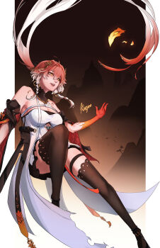 1girl absurdres bare_shoulders black_collar black_jacket black_thighhighs body_markings braid breasts changli_(wuthering_waves) cleavage collar colored_extremities commentary dress feather_hair hair_between_eyes hair_extensions hair_ornament highres jacket klazyvn large_breasts multicolored_hair parted_lips pink_hair red_hands ring_hair_extensions signature smile solo thigh_strap thighhighs twin_braids two-tone_hair white_dress white_hair wuthering_waves yellow_eyes