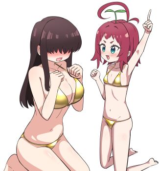 2girls :3 :d absurdres antenna_hair aqua_eyes arm_up armpits bare_arms bare_legs bare_shoulders barefoot bikini black_hair blush breasts clenched_hand clenched_hands covered_eyes facing_another flat_chest gold_bikini golden_week hair_over_eyes highres index_finger_raised kakure_meme kimi_no_koto_ga_dai_dai_dai_dai_daisuki_na_100-nin_no_kanojo kneeling large_breasts loli long_hair looking_at_another mekayutu multiple_girls navel open_mouth red_hair short_hair simple_background sitting size_difference smile stomach swimsuit v-shaped_eyebrows wavy_mouth white_background yakuzen_kusuri