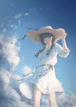 Rule 34 | 1girl, arai bokuseki, black hair, blue sky, blunt bangs, braid, cloud, cloudy sky, commentary request, day, dress, feet out of frame, hand on own hat, hat, highres, looking at viewer, original, outdoors, ribbon, sidelighting, sky, standing, straw hat, twin braids, white dress, wind, wind lift