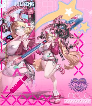 1girl absurdres aqua_eyes belt blonde_hair breasts cable cleavage clipboard crop_top cropped_jacket cross english_text full_body glasses green_eyes grid_background hat heart highres holding holding_syringe jacket jolaeng large_breasts leg_up long_hair long_sleeves looking_at_viewer low_twintails machine mechanical_arms micro_shorts midriff multiple_views navel nurse nurse_cap open_clothes open_jacket open_mouth original oversized_object parted_lips pen pink_background pink_jacket red_cross round_eyewear shadow short_shorts shorts skindentation standing standing_on_one_leg star_(symbol) syringe thick_thighs thigh_belt thigh_strap thighs twintails very_long_hair white_shorts zipper zipper_pull_tab zoom_layer