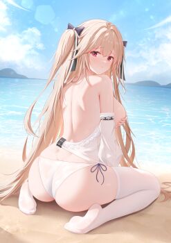 1girl absurdres anchorage_(azur_lane) anchorage_(dolphins_and_swim_lessons)_(azur_lane) ass azur_lane bare_back beach bikini bikini_bottom_only black_ribbon blue_sky breasts brown_hair closed_mouth cloud commentary_request covering_nipples covering_privates day detached_sleeves doraski from_behind hair_ribbon highres large_breasts long_hair looking_at_viewer looking_back no_shoes ocean official_alternate_costume outdoors red_eyes ribbon side-tie_bikini_bottom sideboob sky soles solo swimsuit thighhighs very_long_hair white_bikini white_sleeves white_thighhighs
