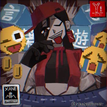 Rule 34 | 1girl, black gloves, black hair, black shirt, commentary request, crop top, dj, ear ornament, ear tag, emoji, gloves, hair between eyes, hand up, highres, jacket, kotoba asobi (synthesizer v), long bangs, long hair, long hair between eyes, long sleeves, looking at viewer, mixing console, multicolored jacket, niwa281019, one eye closed, open clothes, open jacket, open mouth, red eyes, red jacket, shirt, smile, solo, synthesizer v, tongue, tongue out, twitter username, two-tone jacket, vimalion pro, white jacket, yi xi (synthesizer v)