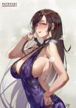 1girl bad_id bad_pixiv_id blush breasts brown_eyes cleavage club3 dress female_focus final_fantasy final_fantasy_vii final_fantasy_vii_remake hand_on_own_hip large_breasts licking_lips long_hair looking_at_viewer naughty_face purple_dress sideboob sleeveless sleeveless_dress solo steaming_body tifa_lockhart tifa_lockhart_(refined_dress) tongue tongue_out upper_body