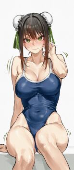 1girl absurdres bare_shoulders black_hair blue_one-piece_swimsuit blush breasts brown_hair bun_cover cleavage collarbone covered_navel double_bun fate/grand_order fate_(series) gradient_hair green_eyes green_ribbon hair_bun highres kamisato_sora large_breasts looking_at_viewer medium_hair multicolored_hair one-piece_swimsuit qin_liangyu_(fate) ribbon sidelocks sitting solo swimsuit thighs