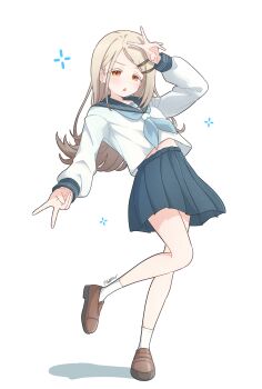 1girl :o absurdres bare_legs blonde_hair blue_neckerchief blush brown_shoes chestnut_mouth colored_eyelashes earrings flipped_hair full_body gakuen_idolmaster gradient_hair grey_hair highres idolmaster jewelry long_hair long_sleeves looking_at_viewer makuraapillow midriff_peek multicolored_hair neckerchief orange_eyes pleated_skirt school_uniform serafuku shinosawa_hiro shirt shoes signature simple_background skirt skirt_rolled_up socks solo standing standing_on_one_leg v very_long_hair w white_shirt white_socks