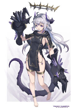 1girl :d absurdres ahoge akemiya_genma anklet armlet artist_name barefoot black_capelet black_dress braid breasts capelet claws colored_tips commentary covered_navel crystal dragon_girl dragon_horns dragon_tail dress english_commentary full_body gold_anklet gold_armlet gold_thighlet gold_trim grey_hair hair_between_eyes hair_intakes half_up_braid halo hand_up highres horns jewelry long_hair looking_at_viewer material_growth medium_breasts multicolored_hair open_mouth original pelvic_curtain purple_eyes purple_hair purple_horns purple_tail sideboob sideless_outfit sidelocks simple_background sleeveless sleeveless_dress small_breasts smile solo spiked_halo standing tail thighlet torn_clothes yellow_halo