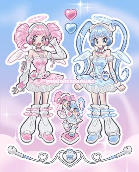 Rule 34 | 2girls, angel, angel wings, blue dress, blue eyes, blue hair, blue shoes, blush stickers, commentary, cyber fashion, detached sleeves, mp3 player, dress, drill hair, earbuds, earphones, english commentary, figure, fingerless gloves, gloves, halo, headset, hoshiko (invaderdarling), invaderdarling, leg warmers, long hair, looking at viewer, medium hair, multiple girls, nico (invaderdarling), open mouth, original, pink dress, pink eyes, pink hair, pink shoes, retrofuturism, shoes, smile, strapless, strapless dress, twin drills, twintails, very long hair, watermark, wings, y2k fashion