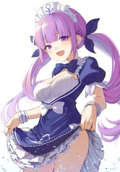 1girl 9nojo ahoge blue_dress blue_hair blue_ribbon blush bow braid breasts cleavage colored_inner_hair commentary dress female_focus frills hair_ribbon highres hololive long_hair looking_at_viewer maid_headdress minato_aqua minato_aqua_(1st_costume) multicolored_hair open_mouth puffy_short_sleeves puffy_sleeves purple_eyes purple_hair ribbon short_sleeves simple_background smile solo twintails two-tone_hair virtual_youtuber white_background white_bow wrist_cuffs