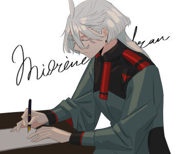 1girl asticassia_school_uniform closed_mouth commentary_request cursive green_jacket gundam gundam_suisei_no_majo highres holding holding_pen jacket korean_commentary long_hair long_sleeves miorine_rembran necktie nib_pen_(object) paper pen red_necktie romaji_text school_uniform simple_background sitting snapagi solo upper_body white_background white_hair writing