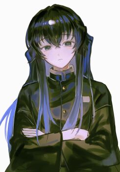 1017gomo9 1boy black_hair black_jacket blue_hair closed_mouth crossed_arms crossed_bangs demon_slayer_uniform hair_between_eyes high_collar highres jacket kimetsu_no_yaiba long_hair long_sidelocks looking_at_viewer male_focus multicolored_hair sidelocks simple_background solo tokitou_muichirou trap two-tone_hair white_background wide_sleeves