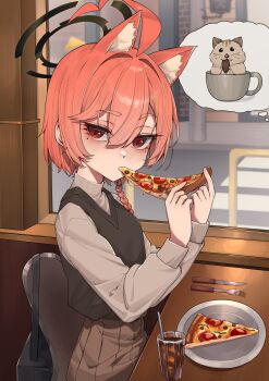 1girl absurdres ahoge alternate_costume animal_ear_fluff animal_ears blue_archive braid brown_skirt brown_sweater_vest casual chirpy cola eating food halo hamster highres holding holding_food holding_pizza huge_ahoge imagining indoors kemonomimi_mode looking_at_viewer mole mole_under_each_eye mole_under_eye multiple_moles neru_(blue_archive) orange_hair pizza pleated_skirt pov restaurant short_hair single_braid skirt solo speech_bubble sweater_vest thought_bubble