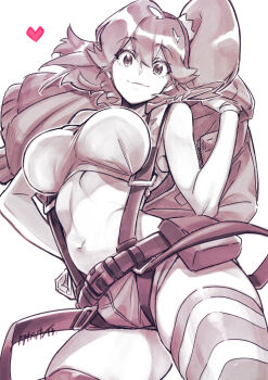 1girl aina_ardebit belt breasts closed_mouth commentary_request gloves heart highres holding holding_jacket holding_unworn_clothes jacket large_breasts looking_at_viewer monochrome navel ponytail promare short_hair shorts side_ponytail simple_background smile solo standing striped_clothes striped_thighhighs suspenders takatsuki_ichi thighhighs thighs unworn_jacket white_background