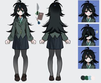 1girl :o :| @_@ ^^^ ahoge bags_under_eyes bandaid bandaid_on_face black_hair black_pantyhose black_skirt blazer blush blush_stickers brown_shoes closed_mouth collared_shirt commentary crying crying_with_eyes_open dart degrees_of_lewdity embarrassed empty_eyes english_commentary expressionless full_body green_eyes green_ribbon grey_jacket hair_between_eyes highres jacket knife kylar_(degrees_of_lewdity) kylar_(female)_(degrees_of_lewdity) lapels loafers long_hair looking_at_viewer messy_hair miniskirt multiple_expressions multiple_views neck_ribbon notebook pantyhose parted_lips pleated_skirt ribbon school_uniform shaded_face shirt shoes sidelocks skirt solo surprised sweatdrop tears turnaround w3wooo0o white_background white_shirt wing_collar