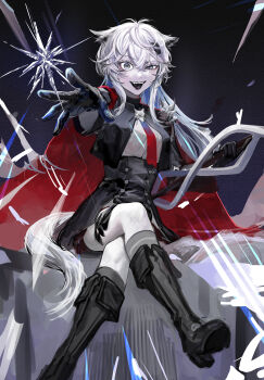 1girl absurdres aizuki_sui animal_ears arknights black_boots black_gloves black_tongue bolo_tie boots cape colored_tongue commentary crazy crazy_eyes crossed_bangs crossed_legs foot_out_of_frame gloves grey_eyes grey_tail hair_between_eyes hair_ornament hairclip highres knee_boots lappland_(arknights) lappland_the_decadenza_(arknights) long_hair long_sleeves magic material_growth open_mouth oripathy_lesion_(arknights) red_cape sitting solo tail tongue uneven_eyes white_hair wolf_ears wolf_girl wolf_tail