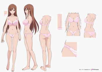1girl ass ayane_shirakawa barefoot bra breasts brown_eyes brown_hair cleavage full_body large_breasts lingerie long_hair navel official_art overflow_(anime) panties pink_bra pink_panties reference_sheet solo standing underwear