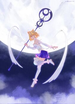 1girl animal_ear_fluff animal_ears arcueid_brunestud bare_shoulders blonde_hair blue_skirt blush boots breasts cat_ears cat_girl choker commentary crescent crescent_hair_ornament detached_sleeves dress floating floating_hair full_body full_moon hair_ornament hecate's_staff_(fate) highres holding holding_staff jw2000221 knee_boots magical_girl miniskirt moon night phantas-moon red_eyes short_hair sideboob skirt staff standing standing_on_one_leg symbol-only_commentary tsukihime white_boots white_dress