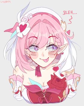 1girl :p bare_shoulders blush braid breasts cleavage commentary elysia_(hi_love_elf)_(honkai_impact) elysia_(honkai_impact) english_commentary grey_background hat honkai_(series) honkai_impact_3rd large_breasts long_hair looking_to_the_side pink_hair pointy_ears purple_eyes simple_background smile solo tongue tongue_out unfamousradish upper_body white_hat