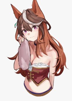 1girl animal_ears bare_shoulders blush breasts brown_hair cleavage closed_mouth corset cropped_torso earrings hair_between_eyes highres holding horse_ears horse_girl jewelry long_hair looking_at_viewer medium_breasts multicolored_hair purple_eyes red_corset shirt simple_background single_earring sleeveless sleeveless_shirt solokitsune starting_future_(umamusume) streaked_hair symboli_rudolf_(umamusume) umamusume white_background white_hair