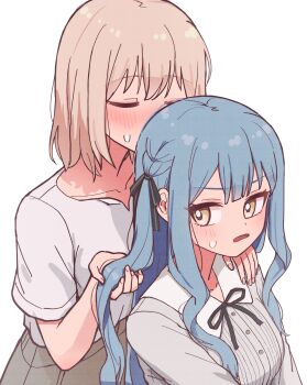 Rule 34 | 2girls, absurdres, bang dream!, bang dream! it's mygo!!!!!, black ribbon, blonde hair, blue hair, blush, closed eyes, commentary, grey skirt, hair ribbon, hand in another's hair, hand on another's shoulder, highres, jin (jinkwon1147), kissing hair, medium hair, misumi uika, multiple girls, parted lips, ribbon, shirt, short sleeves, simple background, skirt, sweatdrop, togawa sakiko, two side up, white background, white shirt, yellow eyes, yuri