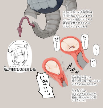 1girl blush cervical_penetration cervix cropped_torso cum deep_penetration ejaculation enemy_naval_mine_(kancolle) grey_background has_bad_revision has_censored_revision hat internal_cumshot kantai_collection sweatdrop translated tsurugi_(the_horizon) uterus z3_max_schultz_(kancolle)