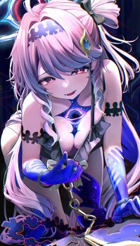 1girl absurdres ahoge all_fours bare_shoulders breasts chain colored_extremities commentary_request denia_(wuthering_waves) downblouse hair_intakes hair_ornament highres kiyokatsu_(kyktsu0908) looking_at_viewer medium_breasts naughty_face open_mouth pink_hair purple_eyes smile solo wuthering_waves