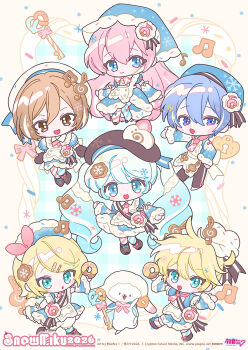 2boys 4girls apron aqua_eyes asymmetrical_legwear blonde_hair blue_dress blue_eyes blue_hair blue_pantyhose blue_shirt brown_eyes brown_hair brown_hat brown_pants brown_shoes cherichuxx chibi chibi_only closed_mouth commentary_request cookie donut dot_nose dress food full_body gradient_hair hair_ornament hairclip hat hatsune_miku highres holding holding_donut holding_food kagamine_len kagamine_rin kaito_(vocaloid) key looking_at_viewer megurine_luka meiko meiko_(vocaloid) mismatched_legwear multicolored_hair multiple_boys multiple_girls musical_note musical_note-themed_food official_art pants pantyhose pink_hair pink_pantyhose pretzel rabbit rabbit_yukine second-party_source shirt shoes sleeves_past_wrists smile snowflakes streaked_hair striped_clothes striped_pantyhose vocaloid white_apron white_pantyhose white_shoes yuki_kaito yuki_len yuki_luka yuki_meiko yuki_miku yuki_miku_(2026) yuki_rin