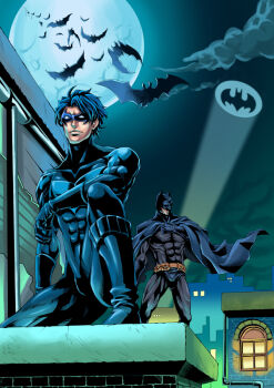 2boys bat_(animal) bat_signal batman batman_(series) belt black_hair bruce_wayne building cape city dc_comics dick_grayson domino_mask eye_mask family father_and_son male_focus mask multiple_boys muscular nightwing outdoors superhero_costume tamaplus_
