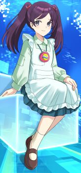 1girl absurdres apron black_eyes blue_background blue_skirt brown_shoes closed_mouth collared_shirt commentary cyberspace frilled_apron frills full_body green_shirt highres jewelry long_hair long_sleeves looking_at_viewer mary_janes mega_man_(series) mega_man_battle_network_(series) mega_man_battle_network_4 patchwork_clothes pendant pleated_skirt purple_hair shirt shoes shuko_kido_(mega_man) sitting skirt smile socks solo twintails twitter_username umirunie white_apron white_socks