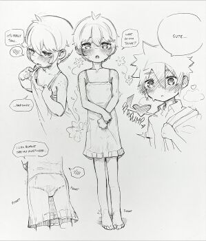 2boys barefoot blush commentary crossdressing crossdressing_(mtf) english_commentary english_text graphite_(medium) greyscale highres kodomo_doushi male_focus monochrome multiple_boys original renocoffee shota speech_bubble traditional_media