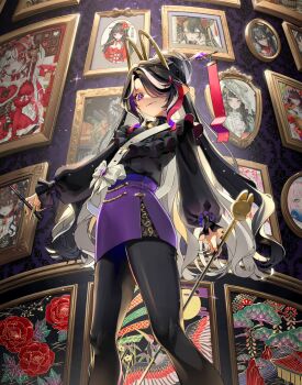 1girl animal_ears artist_self-insert artist_self-reference belt belt_buckle bilingual_commentary black_hair black_pantyhose black_shirt bow buckle chinese_hairpin closed_mouth commentary english_commentary fake_animal_ears feet_out_of_frame frilled_shirt frilled_sleeves frills from_below gem glint hair_bun hair_intakes hair_over_one_eye high_collar highres holding holding_scepter holding_stylus light_particles long_hair long_sleeves looking_at_viewer looking_down loose_belt mixed-language_commentary multicolored_hair one_eye_covered original painting_(object) pantyhose pencil_skirt picture_frame puffy_sleeves purple_eyes purple_gemstone purple_skirt rabbit_ears red_streaks saika_usagi saika_usagi_(character) scepter shirt shoulder_belt side_slit skirt sleeves_past_wrists smile solo streaked_hair stylus sunlight two-tone_hair very_long_hair wallpaper_(object) white_belt white_bow white_hair