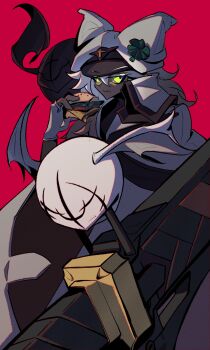 1girl :t burger cape clover clover_hat_ornament commentary_request dark-skinned_female dark_skin duojiaomaotou-tougarashi eating fingerless_gloves floating floating_object floating_sword floating_weapon food food_bite four-leaf_clover gloves green_eyes guilty_gear guilty_gear_strive hair_between_eyes hat highres holding holding_burger holding_food long_hair looking_at_viewer ramlethal_valentine red_background simple_background solo sword weapon white_cape white_hair white_hat