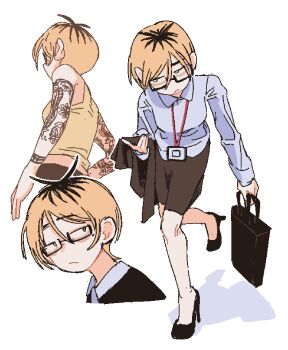 1girl blupixl commentary english_commentary glasses high_heels highres irezumi multiple_views office_lady original skirt standing tattoo