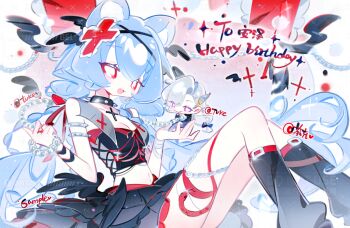 1boy 1girl animal_ear_fluff animal_ears armlet artist_name asymmetrical_bangs beads black_leg_warmers black_ribbon black_skirt black_wings blue_hair breasts chain chibi chibi_inset choker cleavage commission crop_top cross cross_choker cross_hair_ornament dot_nose eyelashes feet_out_of_frame frills gem genshin_impact grey_hair hair_between_eyes hair_ornament hair_ribbon happy_birthday highres jewelry layered_skirt leg_warmers long_hair looking_at_viewer makeup mouse_ears mouse_girl navel neuvillette_(genshin_impact) oc_x_canon open_mouth original pearl_(gemstone) purple_eyes red_cross red_eyes ribbon rouge_(makeup) sample_watermark sidelocks sitting skirt small_breasts smirk spiked_armlet spiked_choker spikes strapless tongue tu_ke tube_top very_long_hair watermark wings