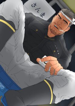 1boy bara beard_stubble black_boots black_jacket blurry blurry_background boots breast_pocket brown_eyes cigarette cigarette_pack collared_jacket commentary facial_hair feet_out_of_frame fish_market fishmonger from_below grey_hair hand_on_own_thigh highres holding holding_cigarette_pack jacket mature_male mouth_hold muscular muscular_male nejiri_hachimaki open_mouth original pants pocket raised_eyebrow short_hair shumeru_hito_(a_sumerian0112) sitting stubble teeth upper_teeth_only very_short_hair white_pants wrinkled_skin yellow_trim zipper