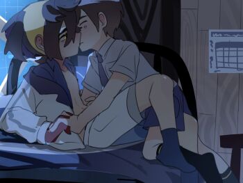 2boys between_legs black_hair black_socks blue_necktie blue_shirt blue_shorts blue_sky blue_socks boy_on_top breast_pocket brown_hair calendar_(object) closed_eyes collarbone collared_shirt colored_inner_hair commentary_request dorm fingers_interlocked florian_(pokemon) gloves headband highres holding_hands indoors kieran_(pokemon) kiss kodomo_doushi light_blush long_sleeves male_focus multicolored_hair multiple_boys necktie nintendo on_bed one_glove open_clothes open_shirt pocket pokemon pokemon_sv red_gloves school_uniform shirt short_hair shorts shota single_glove sky socks suikaels two-tone_hair white_shirt white_shorts yaoi yellow_eyes yellow_headband