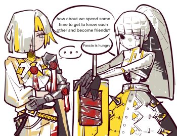 Rule 34 | ..., 2girls, absurdres, albina (project moon), black gloves, blonde hair, cyborg, english text, gloves, grey eyes, highres, kongtiao1111111, kromer (project moon), limbus company, multiple girls, open mouth, project moon, purity seal, simple background, smirk, speech bubble, sword, weapon, white background, white hair