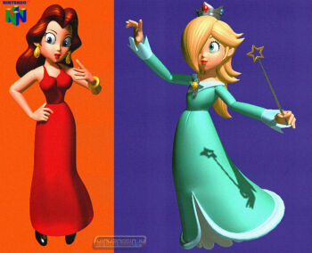 2girls 3d aliasing aqua_dress artist_name bare_shoulders blonde_hair blue_eyes breasts brooch brown_hair commentary crown dress earrings english_commentary full_body gold_earrings grey_crown hair_over_one_eye hand_on_own_hip holding holding_wand jewelry mario_(series) multiple_girls nintendo off-shoulder_dress off_shoulder pauline_(mario) red_dress retro_artstyle rosalina silver_crown star_(symbol) star_brooch star_wand taut_clothes taut_dress wand yinyanggio14