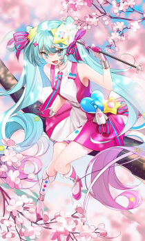 1girl absurdres aqua_ribbon belt boots cherry_blossoms collared_dress commentary_request dress flower full_body gloves gradient_hair hair_between_eyes hair_ornament hatsune_miku heart_ornament highres holding holding_wand hui_yan knee_boots long_hair looking_at_viewer magical_mirai_(vocaloid) magical_mirai_miku magical_mirai_miku_(2022) microphone_wand multicolored_hair necktie official_alternate_costume official_alternate_hairstyle open_mouth pink_dress pink_flower pink_gloves pink_hair pink_necktie pink_ribbon radio_antenna ribbon rocket_ship shirt sleeveless sleeveless_shirt smile solo spacecraft star_(symbol) star_hair_ornament streaked_hair thigh_strap twintails two-tone_dress two-tone_hair two-tone_necktie two-tone_ribbon very_long_hair vocaloid wand white_belt white_boots white_dress white_hair
