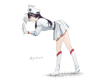 1girl against_wall bambietta_basterbine belt bleach boots clenched_teeth gloves hat highres long_hair military_hat purple_eyes purple_hair quincy_(bleach) shirt signature skirt sternritter teeth wandenreich_uniform white_background white_boots white_gloves white_hat white_shirt white_skirt yoshino_(laencl)