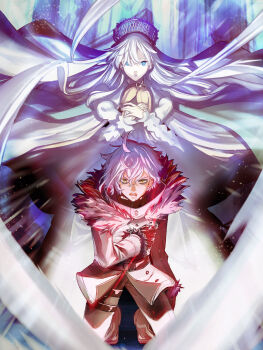 1boy 1girl anastasia_(fate) bags_under_eyes blood blood_from_mouth blue_eyes boots coat commentary_request doll fate/grand_order fate_(series) floating_hair highres holding holding_doll kadoc_zemlupus kneeling long_hair looking_at_viewer takenoko_seijin very_long_hair viy_(fate) white_hair yellow_eyes