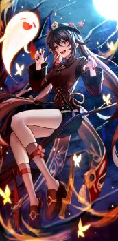 1girl :d absurdres black_hat black_nails black_shorts boo_tao_(genshin_impact) brown_hair brown_shirt brown_shoes commentary full_body genshin_impact hands_up hat highres hu_tao_(genshin_impact) long_hair long_sleeves looking_at_viewer moon nail_polish night open_mouth outdoors pponnya red_eyes shirt shoes shorts smile socks solo white_socks