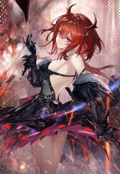 Rule 34 | 1girl, arknights, arknights: endfield, arm up, back, backless outfit, bare shoulders, black dress, black gloves, black horns, breasts, closed mouth, commentary request, demon girl, demon horns, dress, elbow gloves, gloves, hair between eyes, head tilt, highres, horns, laevatain (arknights), long hair, looking at viewer, purple eyes, red hair, revision, saint laurent paris, sideless dress, solo, surtr (arknights), thighs