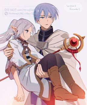 1boy 1girl black_jacket black_pantyhose blue_eyes blue_hair boots brown_boots capelet carrying cloak earrings elf frieren gem gold_trim grey_hair hair_between_eyes highres himmel_(sousou_no_frieren) holding holding_staff jacket jewelry long_hair looking_at_another mole mole_under_eye pantyhose parted_bangs pointy_ears princess_carry red_gemstone shirt short_hair skirt sousou_no_frieren sparkle staff striped_clothes striped_shirt torn_clothes twintails twitter_username white_background white_capelet white_cloak white_skirt yamasuke040