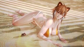 1girl 3d absurdres animal_ears antenna_hair armpits artist_request ass beach bikini blazblue breasts brown_eyes brown_hair butt_crack cleavage crab female_focus highres large_breasts makoto_nanaya navel short_hair solo squirrel_ears swimsuit thong