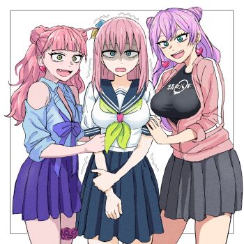 3girls black_shirt blue_eyes blush bocchi_the_rock! breasts cosplay costume_switch earrings fuufu_ijou_koibito_miman. gotoh_hitori green_eyes hair_ornament heart heart_earrings highres jewelry large_breasts long_hair looking_at_viewer multiple_girls pink_hair pink_track_suit purple_hair purple_ribbon reiquant ribbon school_uniform seihantai_na_kimi_to_boku shirt simple_background skirt small_breasts suzuki_miyu_(seihantai_na_kimi_to_boku) thighs track_suit watanabe_akari white_background yellow_eyes