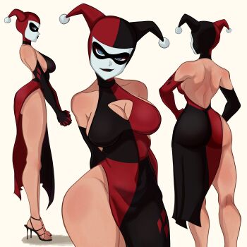 1girl alternate_costume ass back backless_dress backless_outfit bare_back bare_shoulders batman:_the_animated_series batman_(series) black_lips black_mask breasts cleavage cleavage_cutout clothing_cutout clown_girl commentary dc_comics domino_mask dress english_commentary eye_mask formal_clothes from_behind from_side full_body harlequin harley_quinn harley_quinn_(classic) hat head_tilt highres huge_ass jester jester_cap large_breasts makeup mask mismatched_eyeshadow multiple_views sleeveless sleeveless_dress solo standing two-tone_dress white_facepaint xeroshadows0